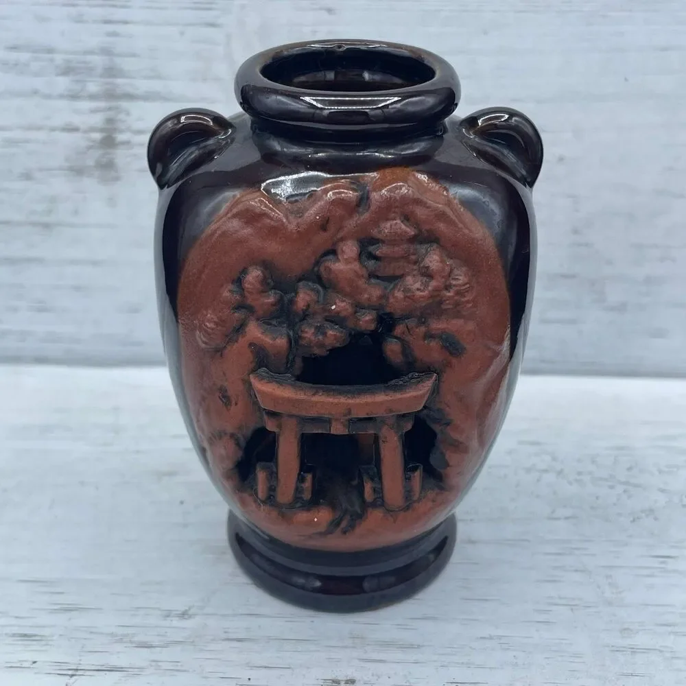 Vintage Japanese Banko Ware Carved Relief Vase Torii Gate Pine Tree